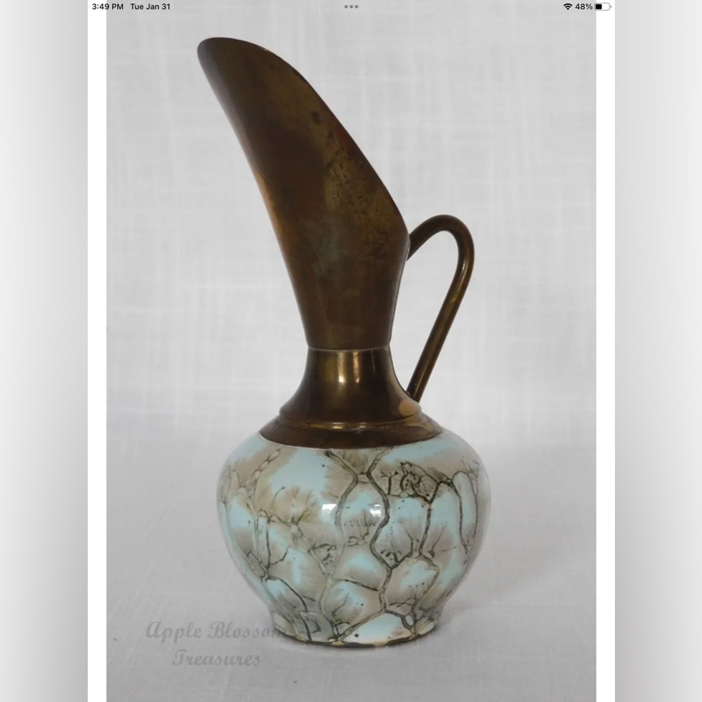 Vintage Delft Holland Small Hand Painted Lusterware Porcelain & Brass Pitcher